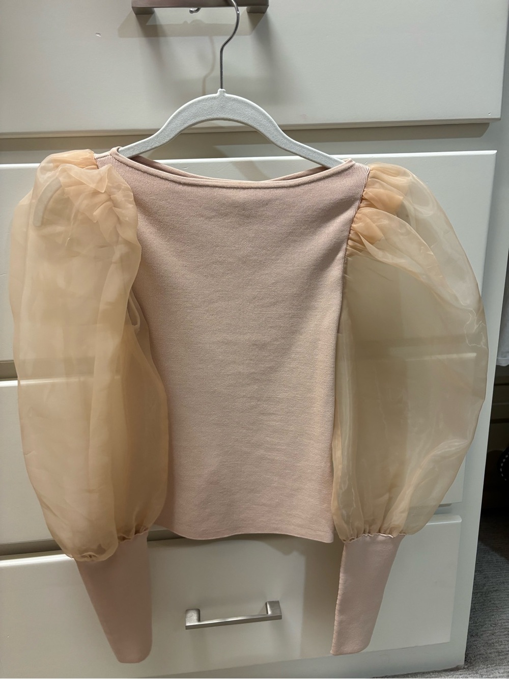 Alice + Olivia Blush Knit Top with Sheer Champagne Puff Sleeves